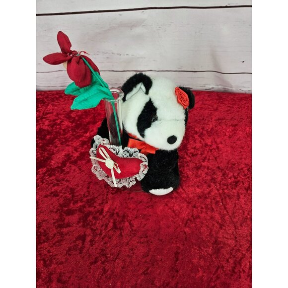 Little Panda With Red Valentine's Day Plush With Attached Vase And Flower - Picture 1 of 10
